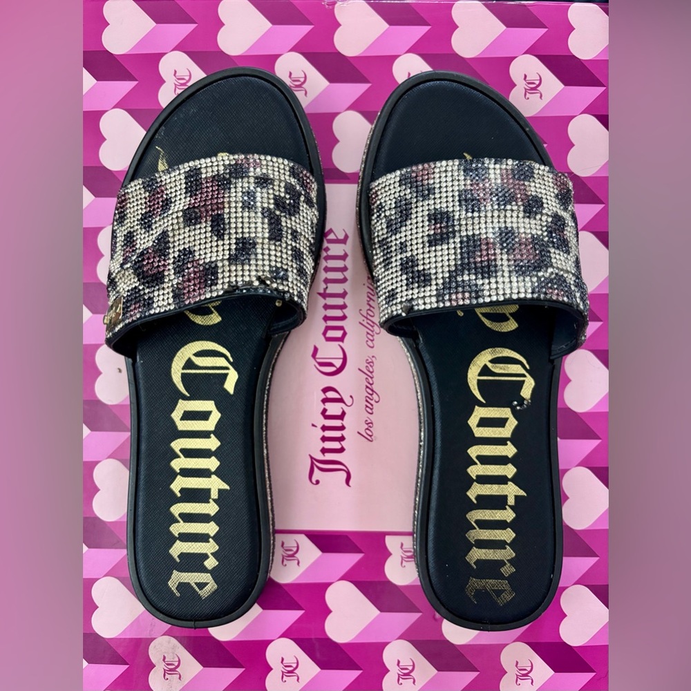 Juicy Couture Black and Gold Leopard Slide Sandals